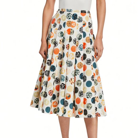 Akris Punto Japanese Wood Block Sakura Pleated Skirt Cotton Dots Floral Print 10